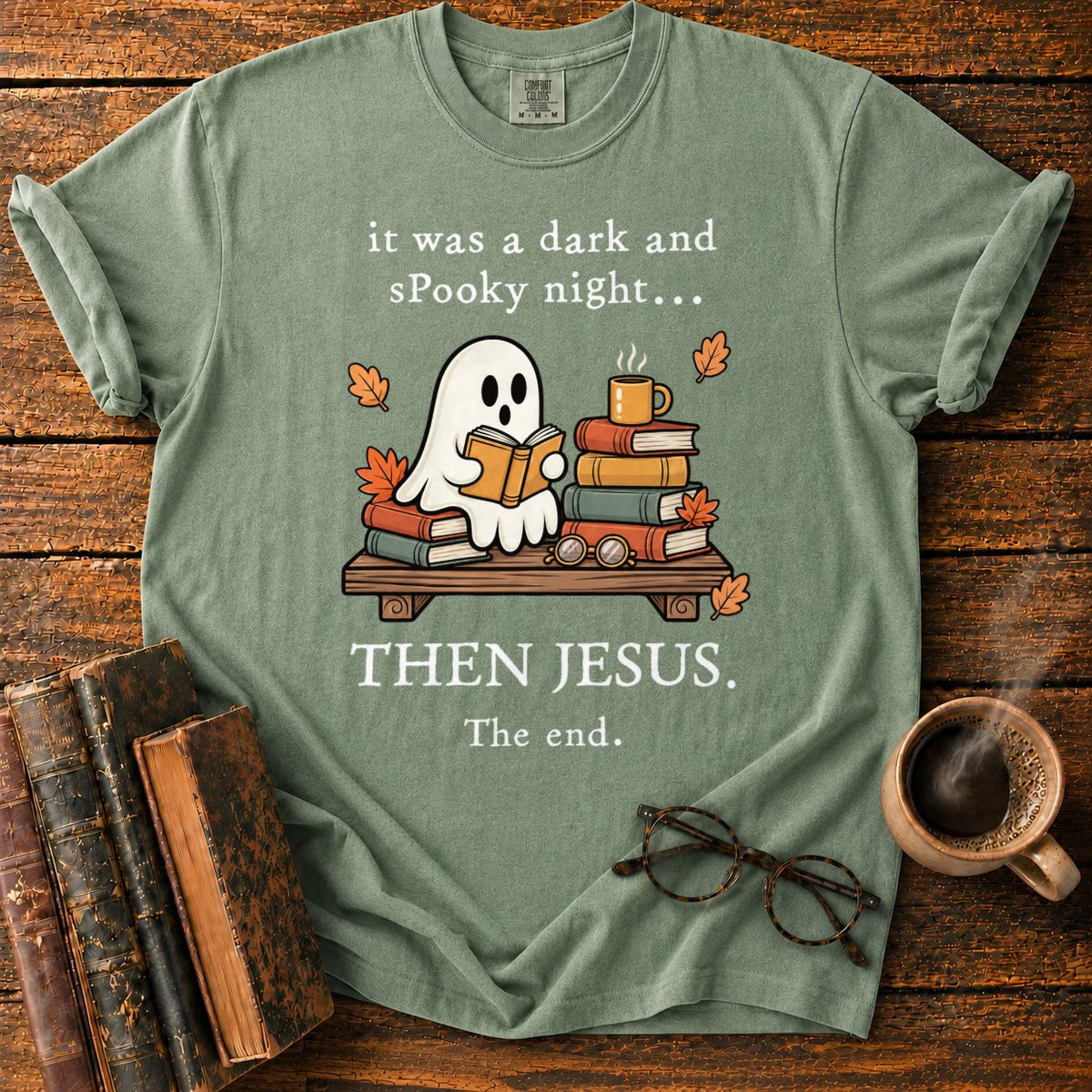 Spooky Ghost Reading On A Bookshelf T-Shirt in Moss – BooksThreads