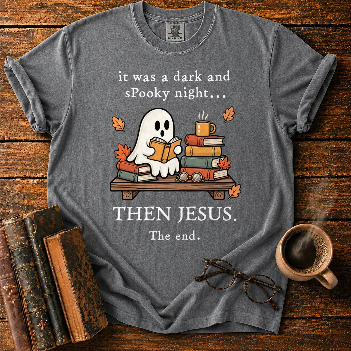 Spooky Ghost Reading On A Bookshelf T-Shirt in Pepper – BooksThreads