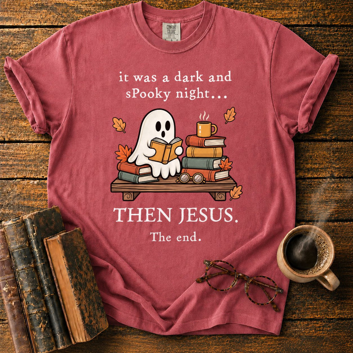 Spooky Ghost Reading On A Bookshelf T-Shirt in Watermelon – BooksThreads