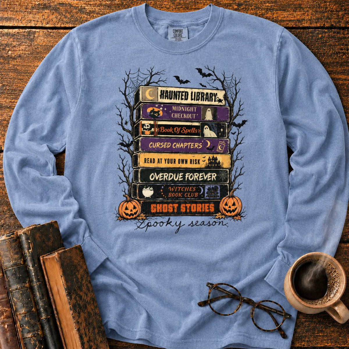 Spooky Season Book Spine Stack LS T-Shirt in Blue Jean – BooksThreads