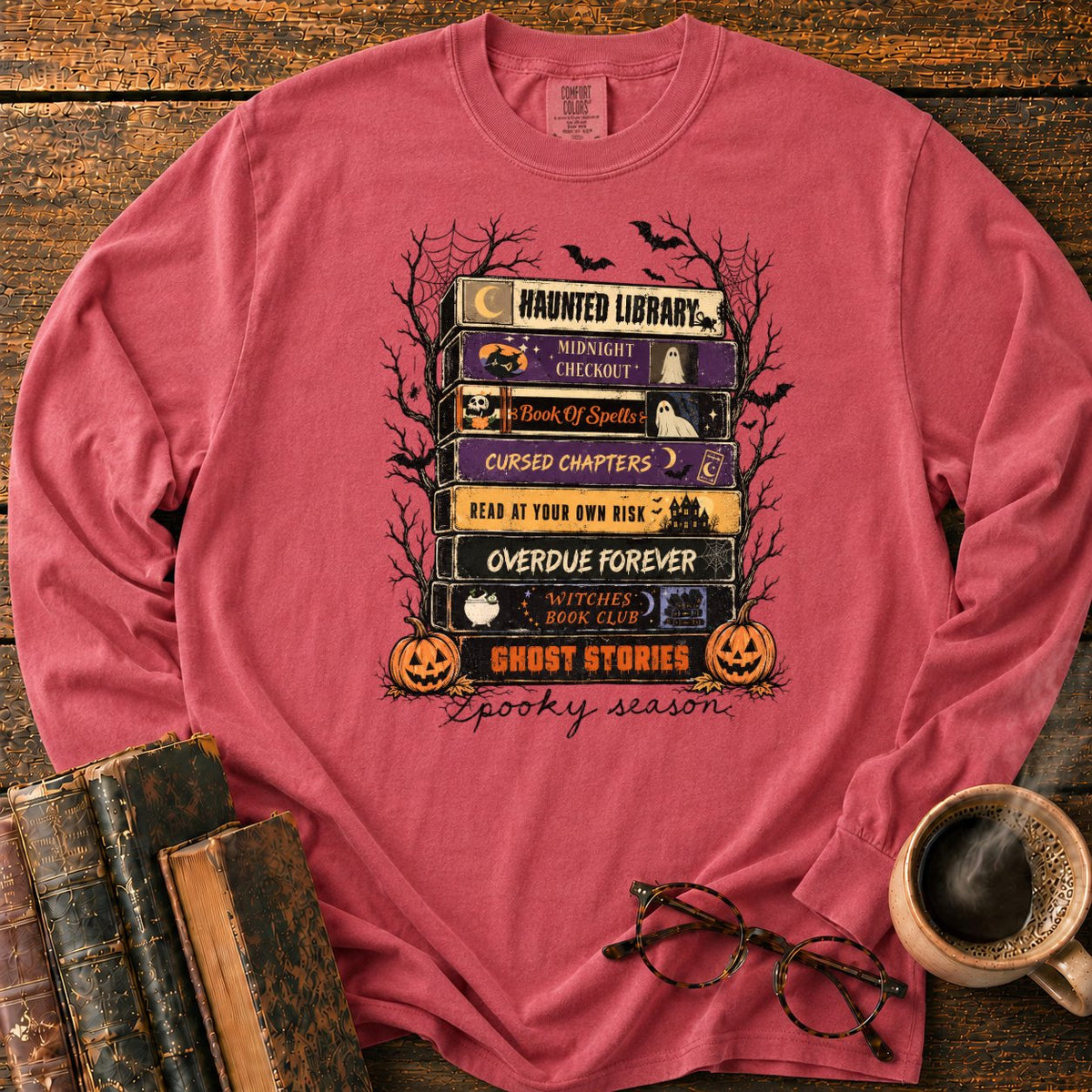 Spooky Season Book Spine Stack LS T-Shirt in Crimson – BooksThreads