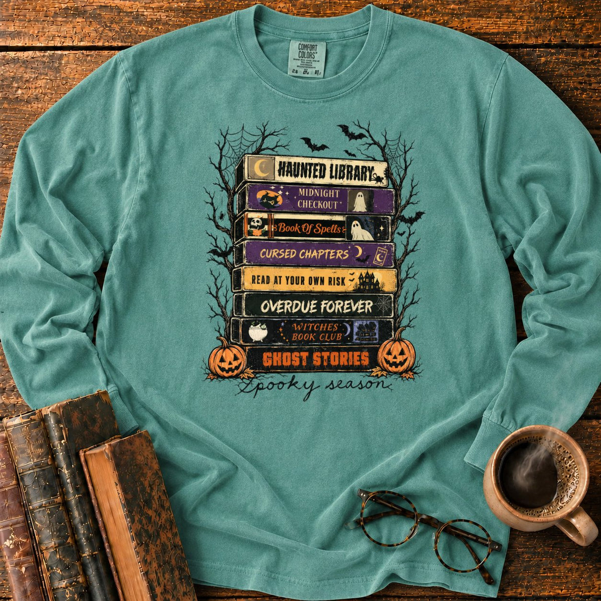 Spooky Season Book Spine Stack LS T-Shirt in Light Green – BooksThreads