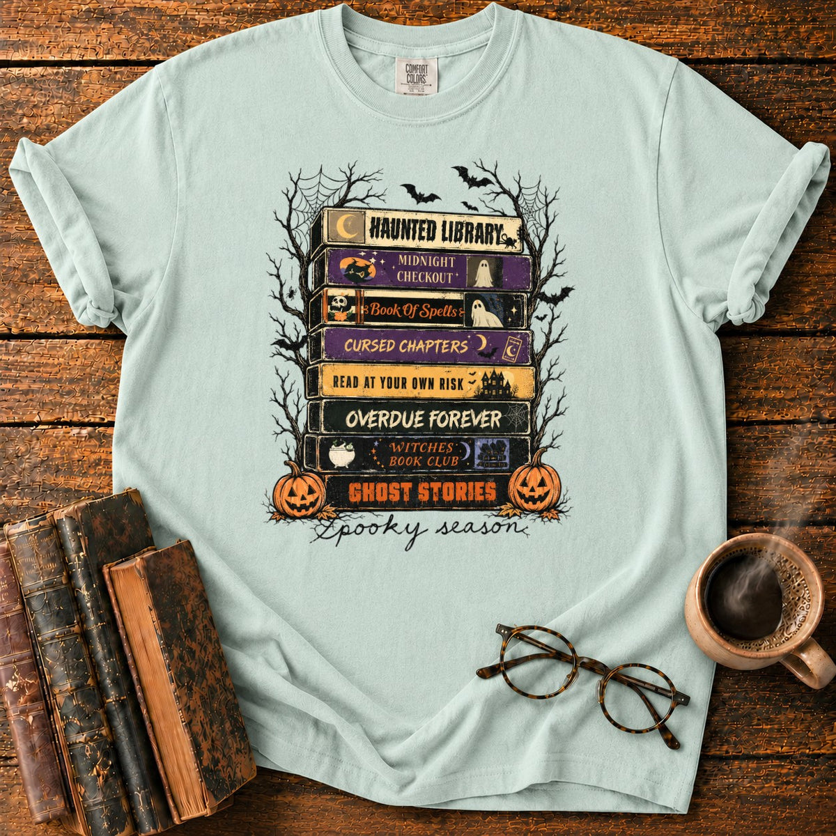 Spooky Season Book Spine Stack T-Shirt in Bay – BooksThreads