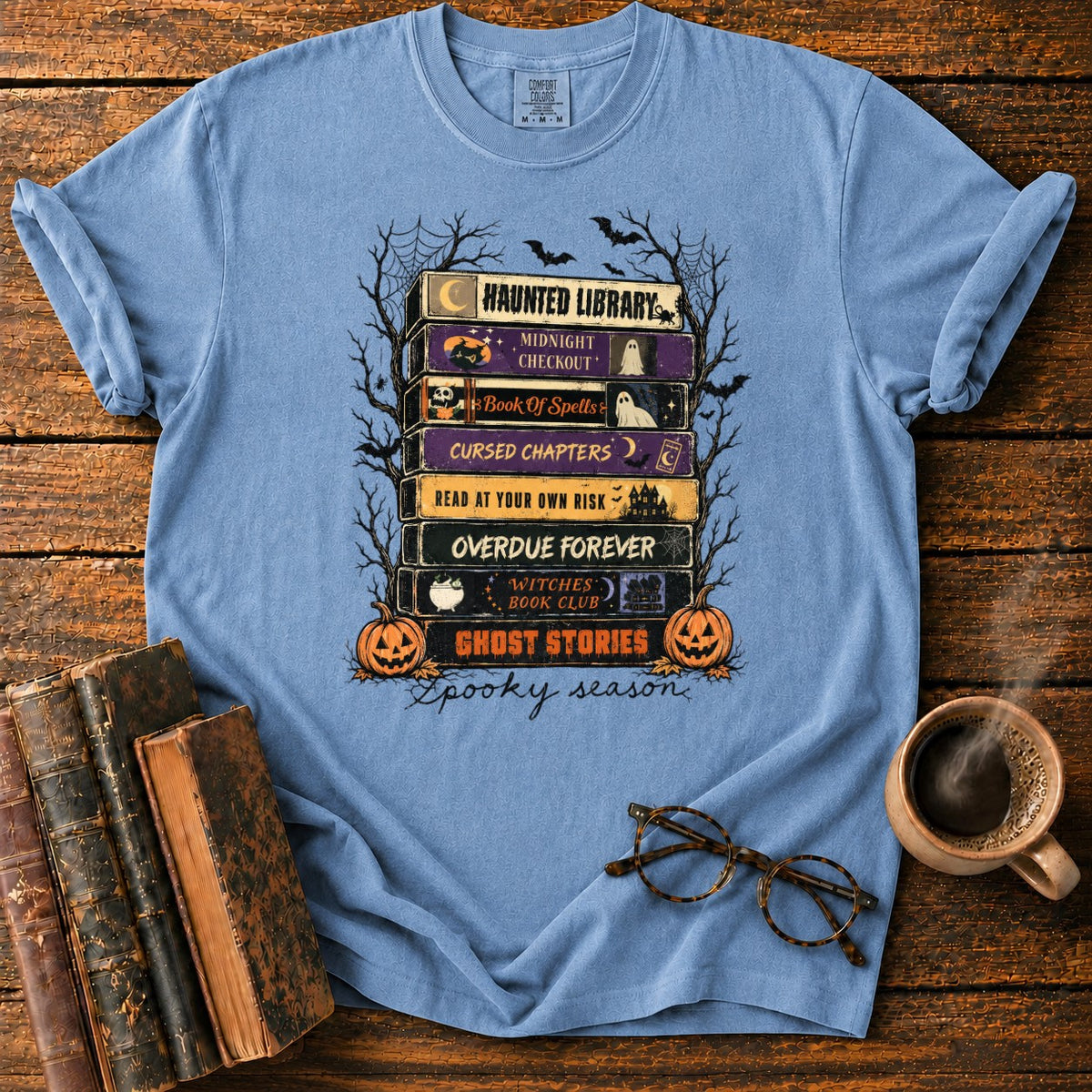 Spooky Season Book Spine Stack T-Shirt in Blue Jean – BooksThreads