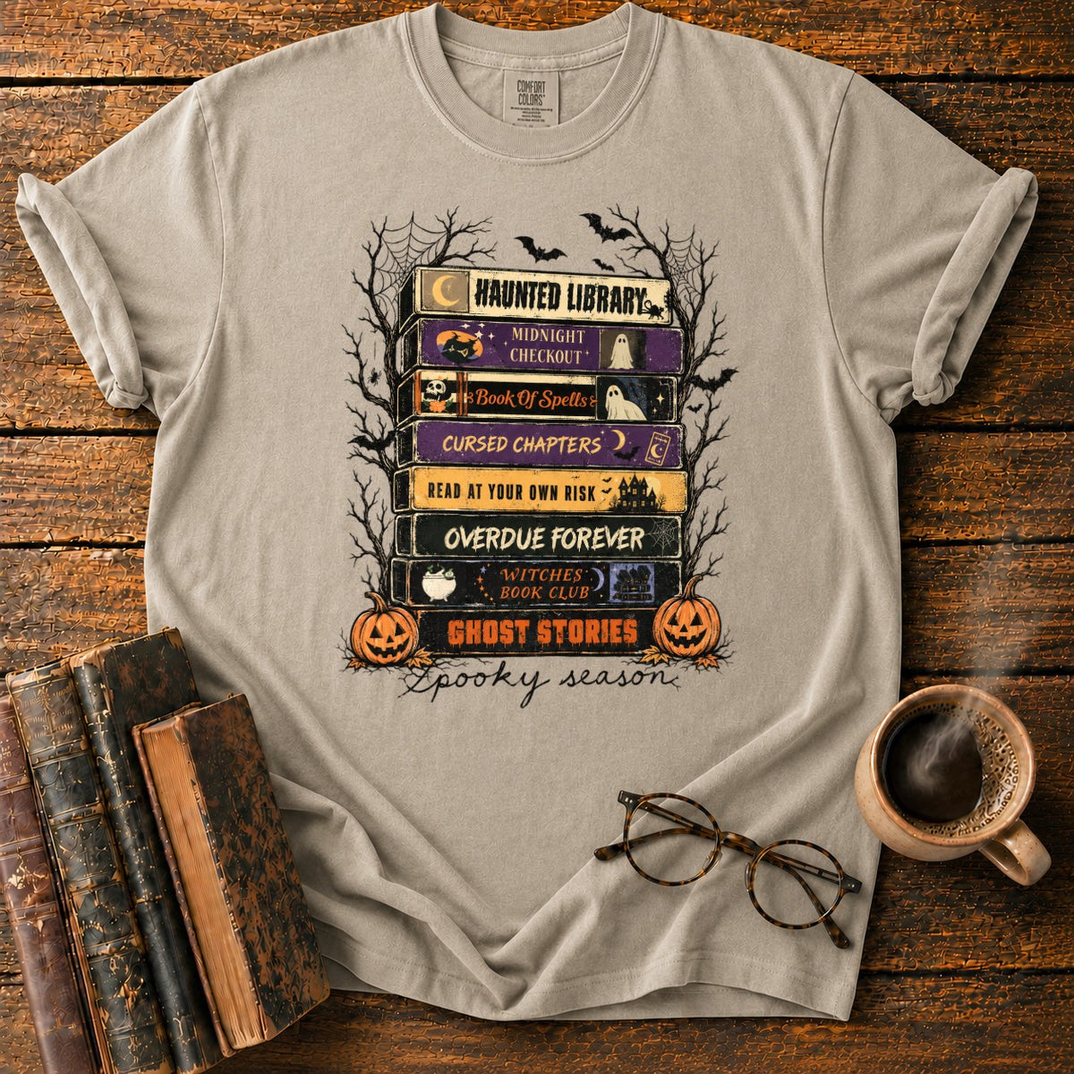 Spooky Season Book Spine Stack T-Shirt in Khaki – BooksThreads