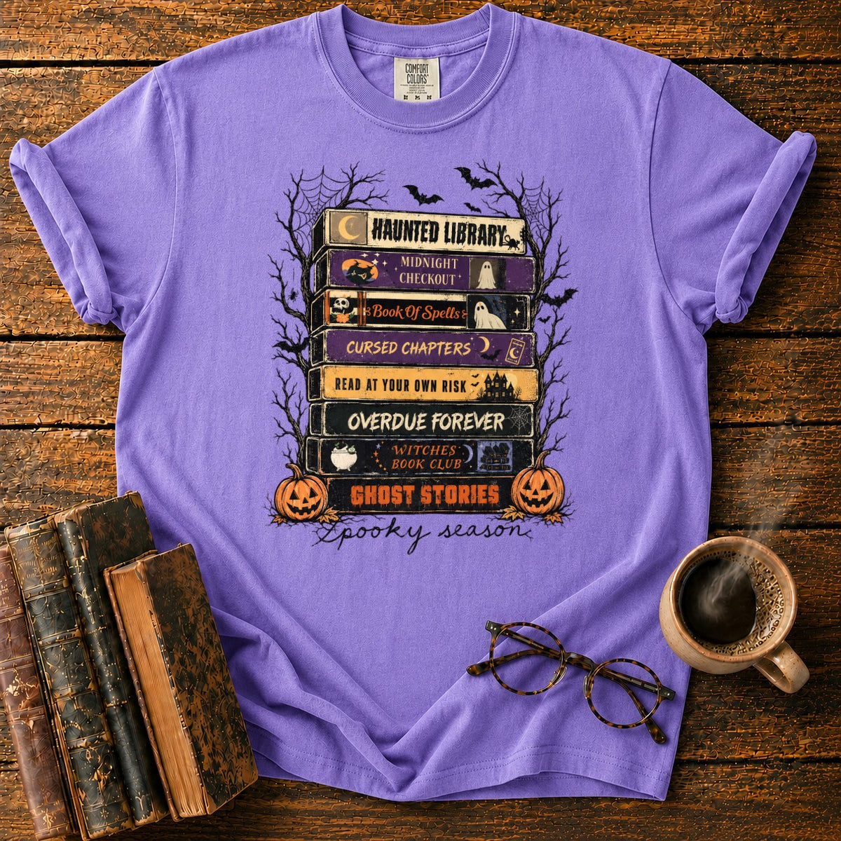 Spooky Season Book Spine Stack T-Shirt in Violet – BooksThreads