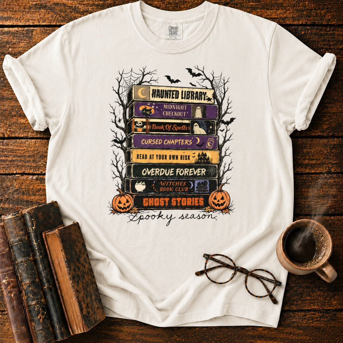 Spooky Season Book Spine Stack T-Shirt in White – BooksThreads