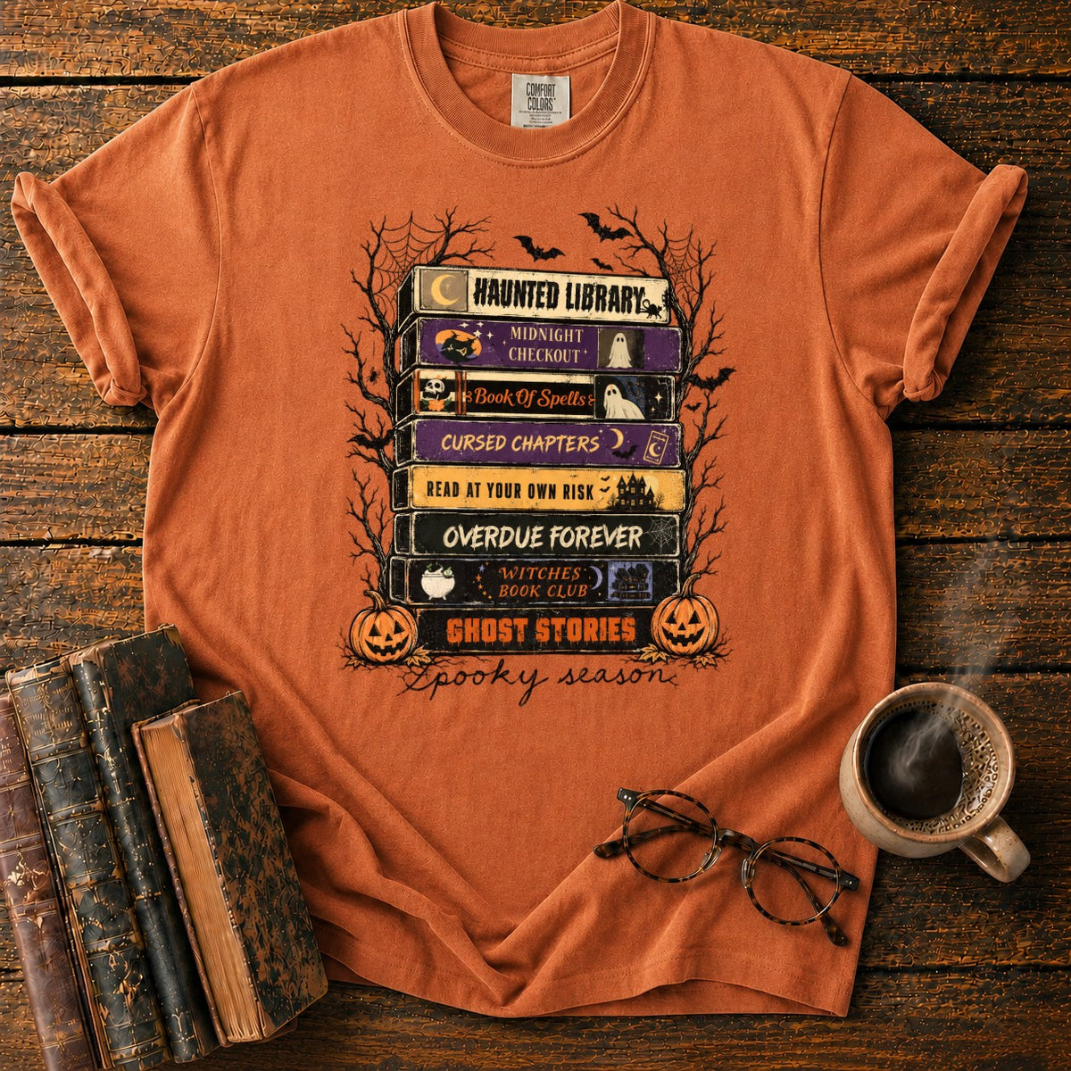 Spooky Season Book Spine Stack T-Shirt in Yam – BooksThreads