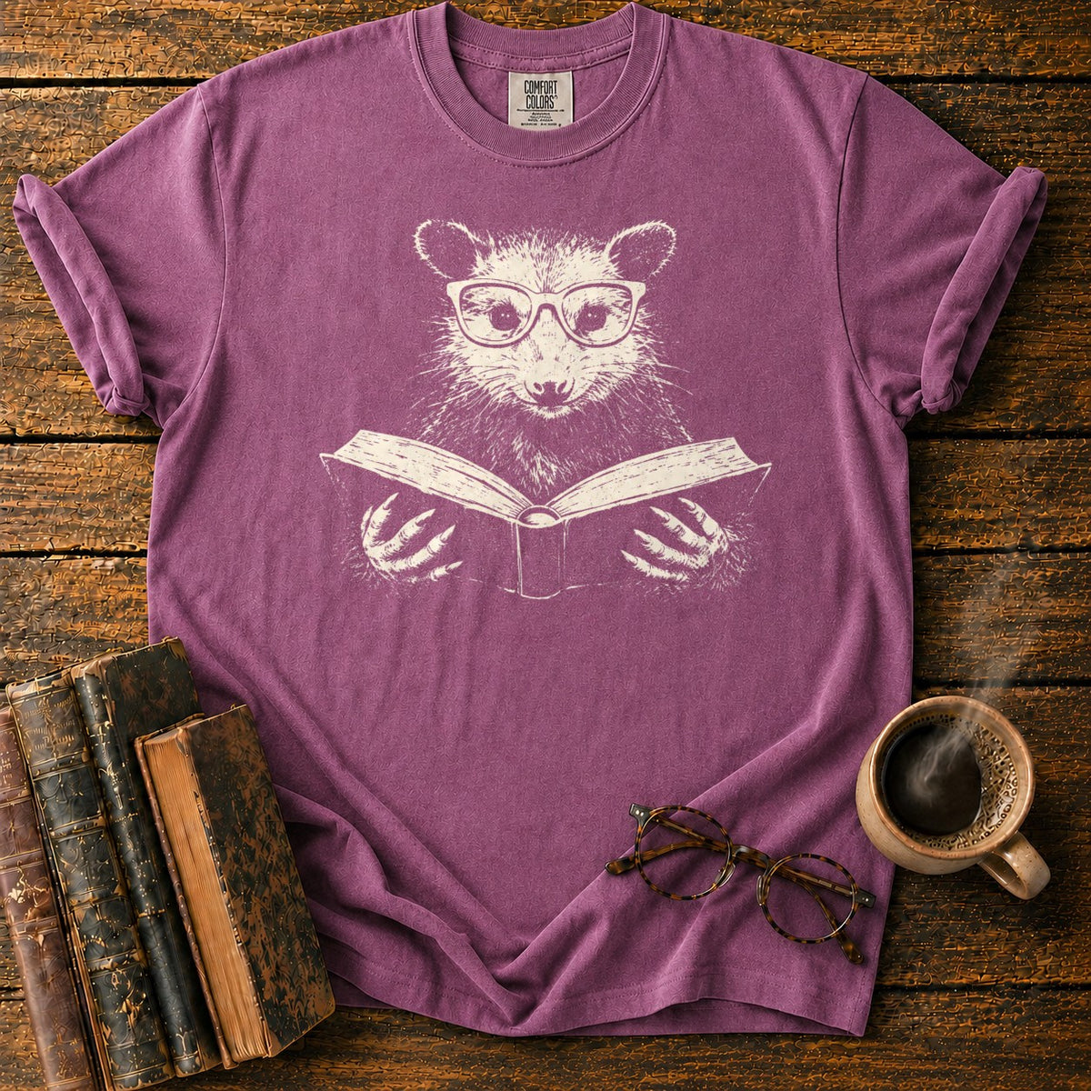Studious Possum Reading T-Shirt in Berry – BooksThreads