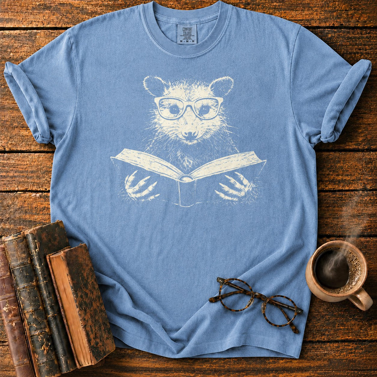 Studious Possum Reading T-Shirt in Blue Jean – BooksThreads