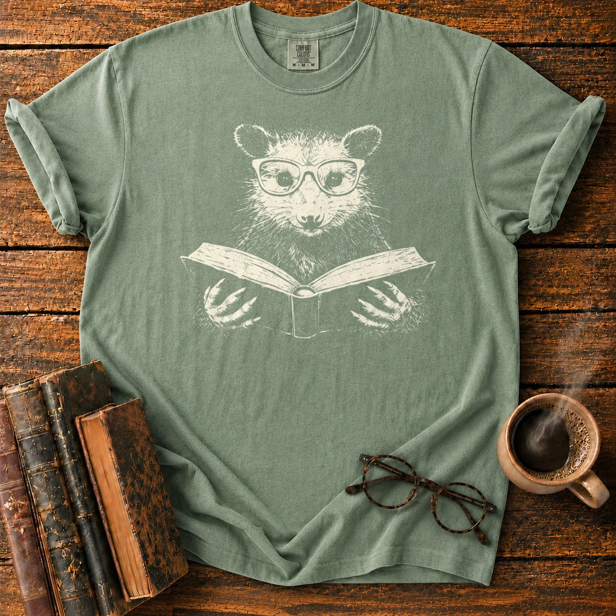 Studious Possum Reading T-Shirt in Moss – BooksThreads