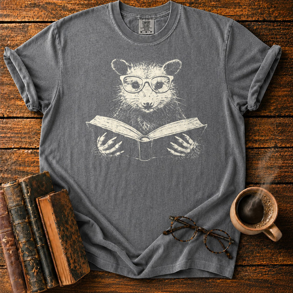 Studious Possum Reading T-Shirt in Pepper – BooksThreads