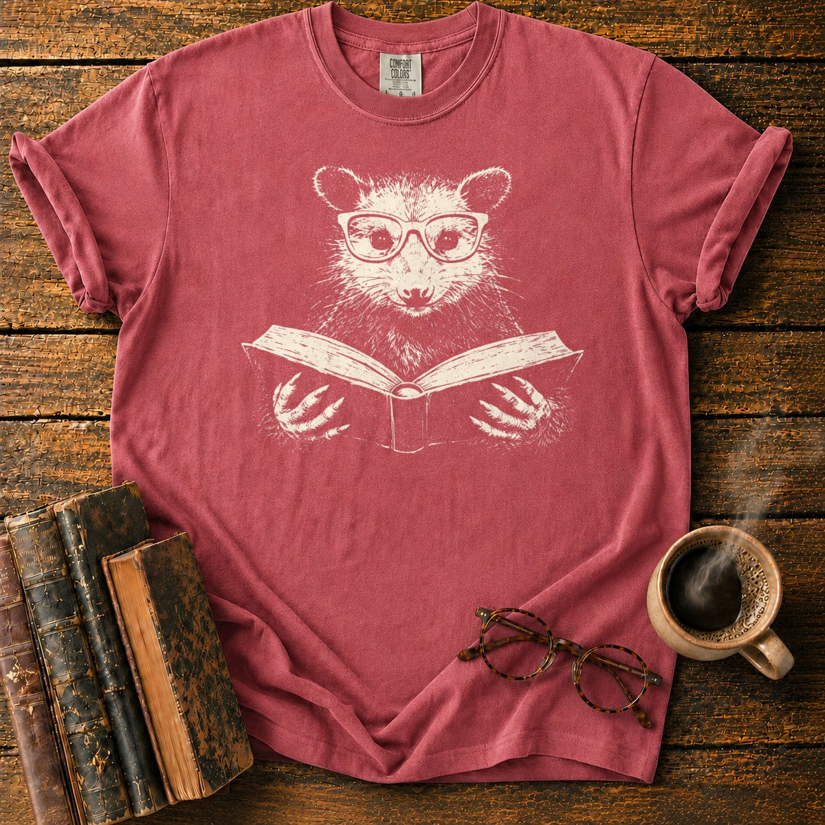 Studious Possum Reading T-Shirt in Watermelon – BooksThreads