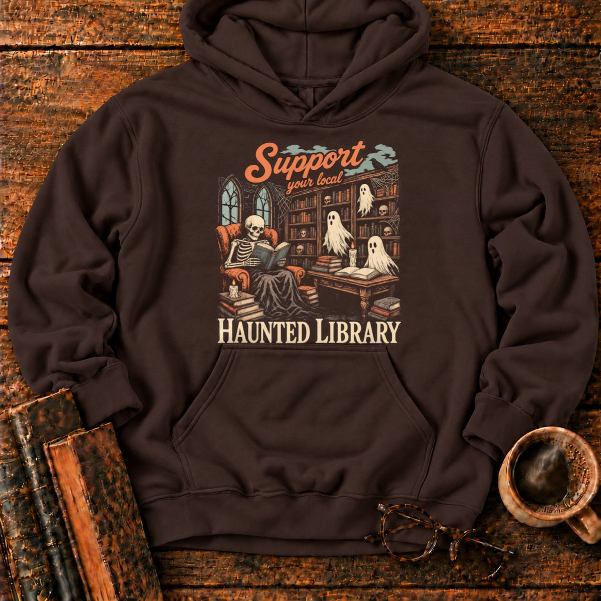 Support Your Local Haunted Library Hoodie in Dark Chocolate – BooksThreads