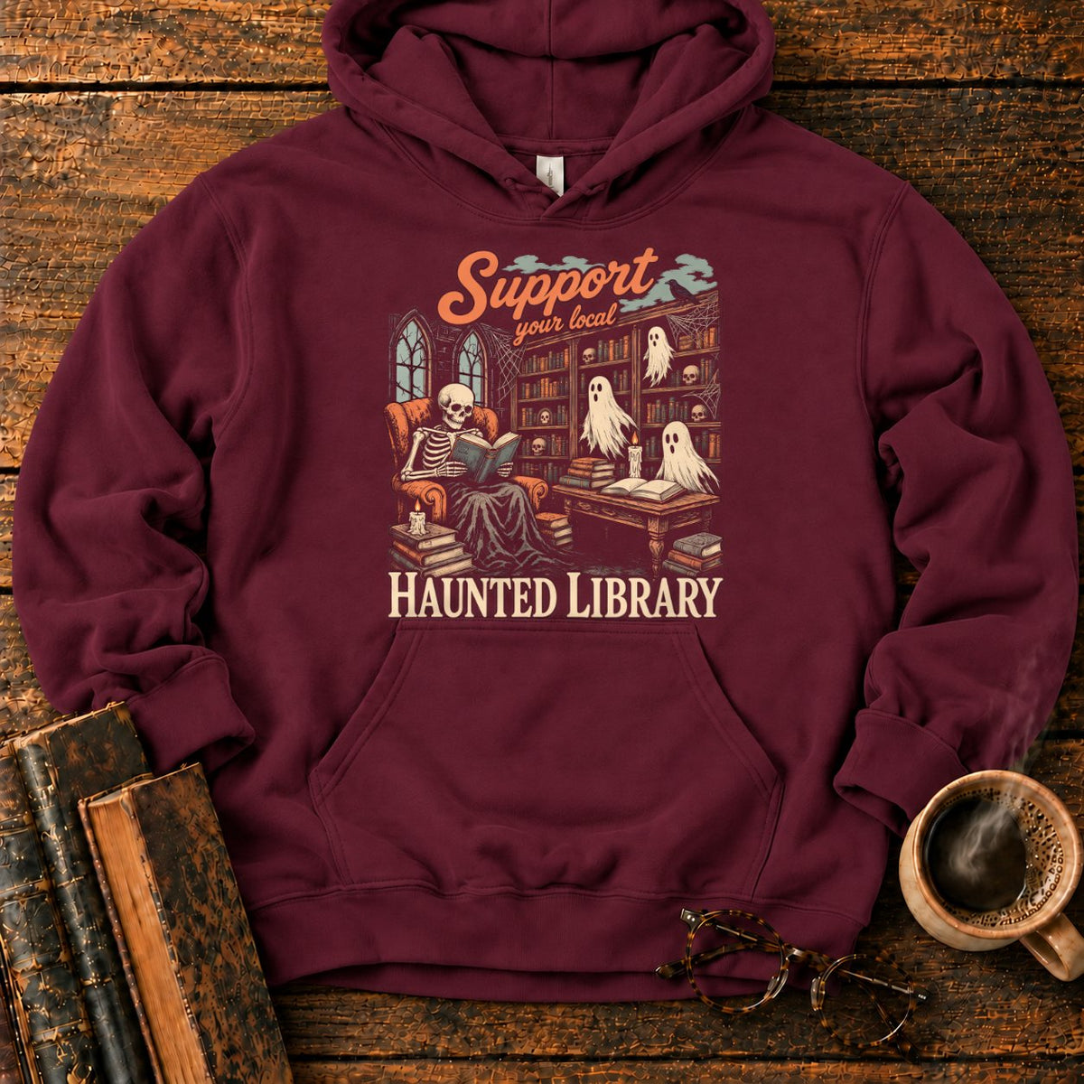 Support Your Local Haunted Library Hoodie in Maroon – BooksThreads