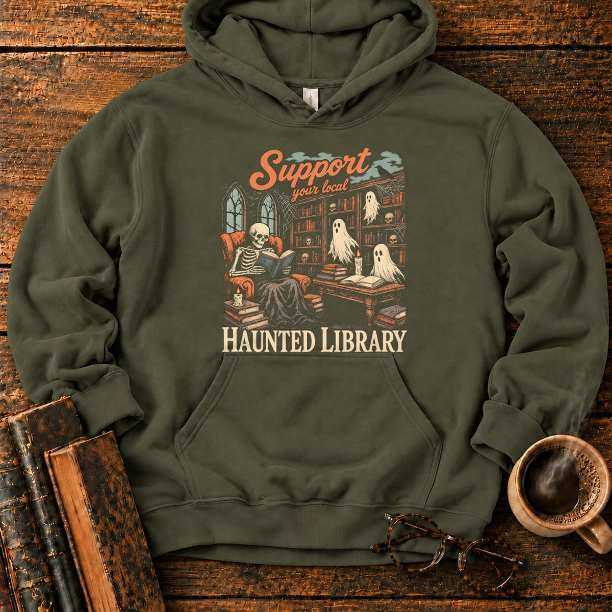 Support Your Local Haunted Library Hoodie in Military Green – BooksThreads