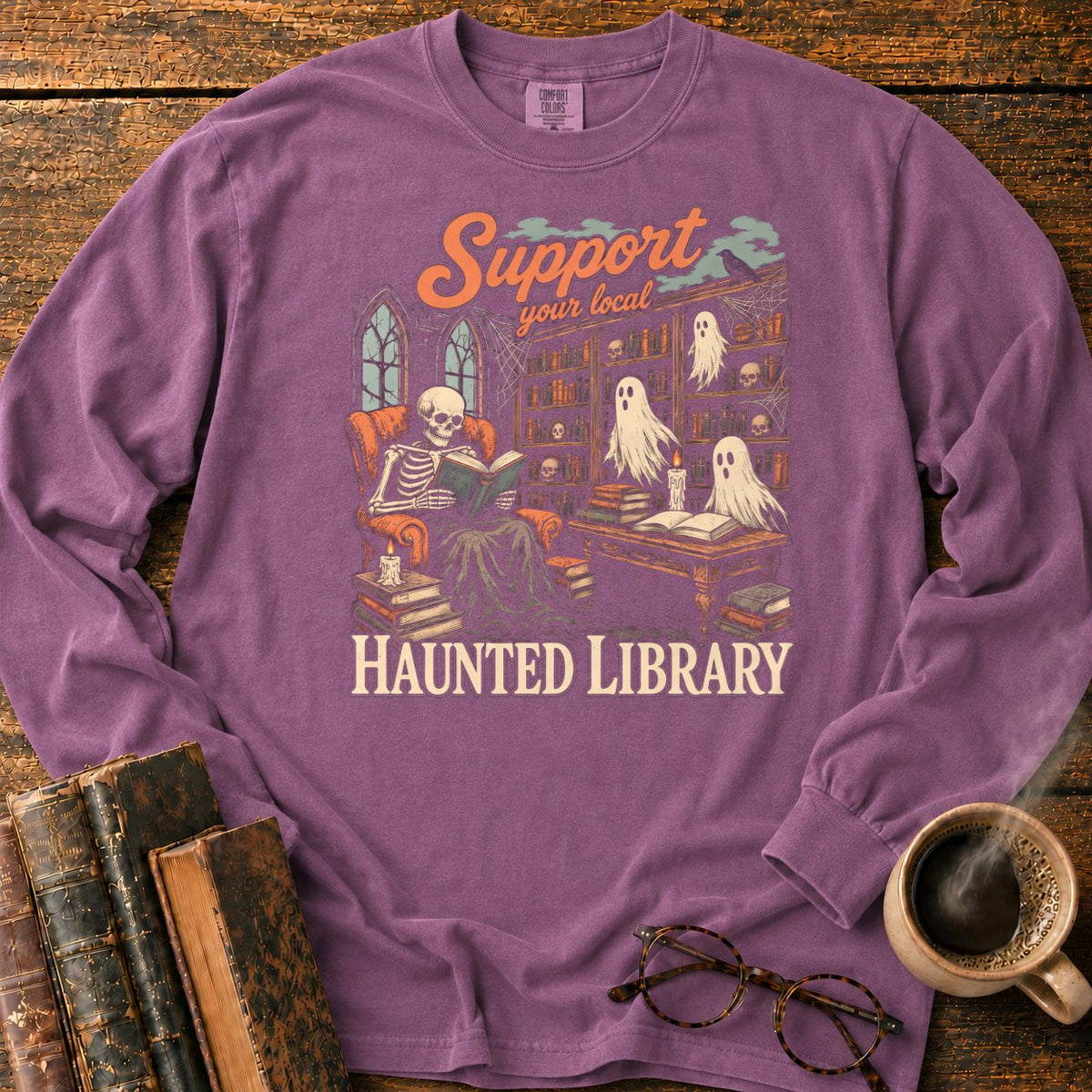 Support Your Local Haunted Library LS T-Shirt in Berry – BooksThreads