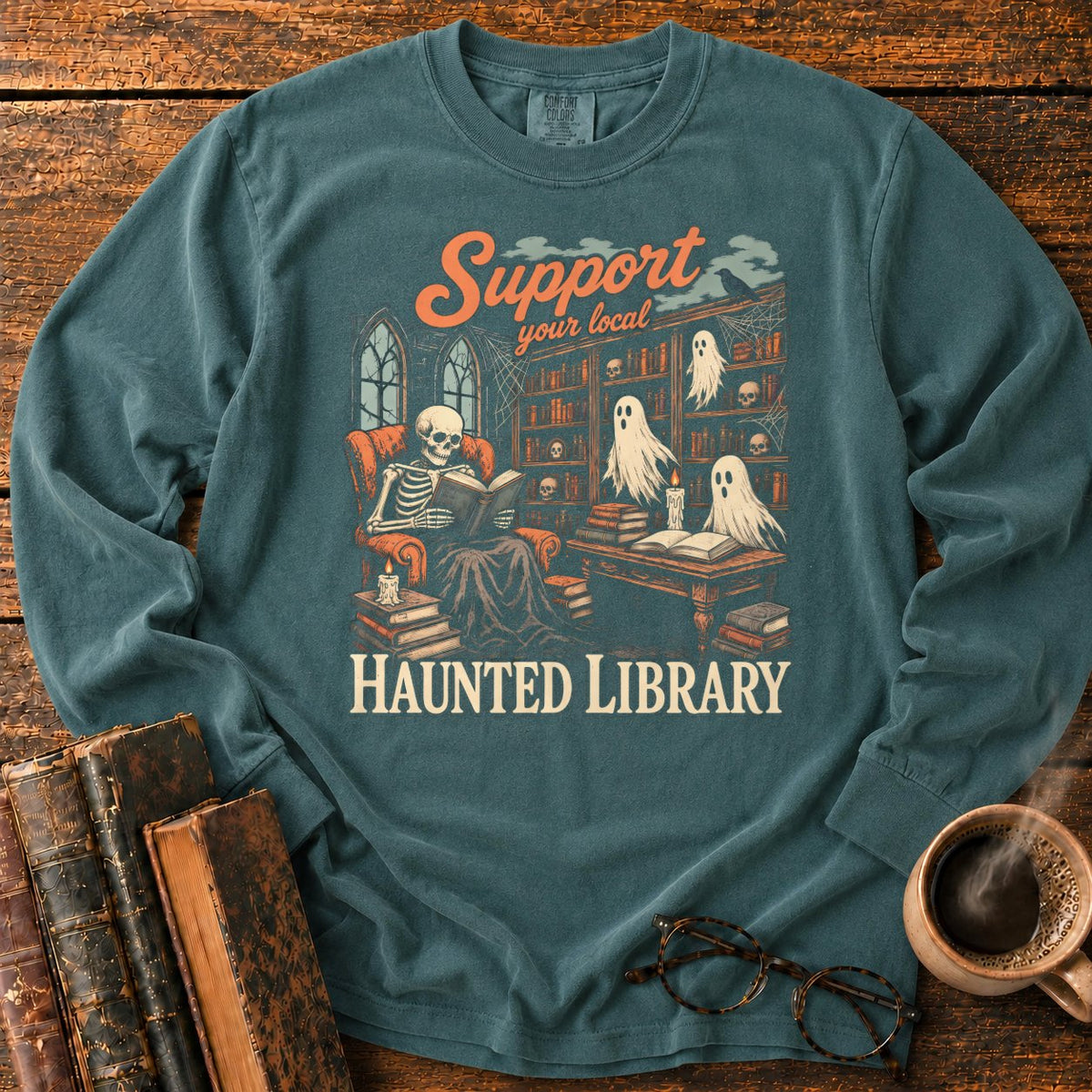 Support Your Local Haunted Library LS T-Shirt in Blue Spruce – BooksThreads