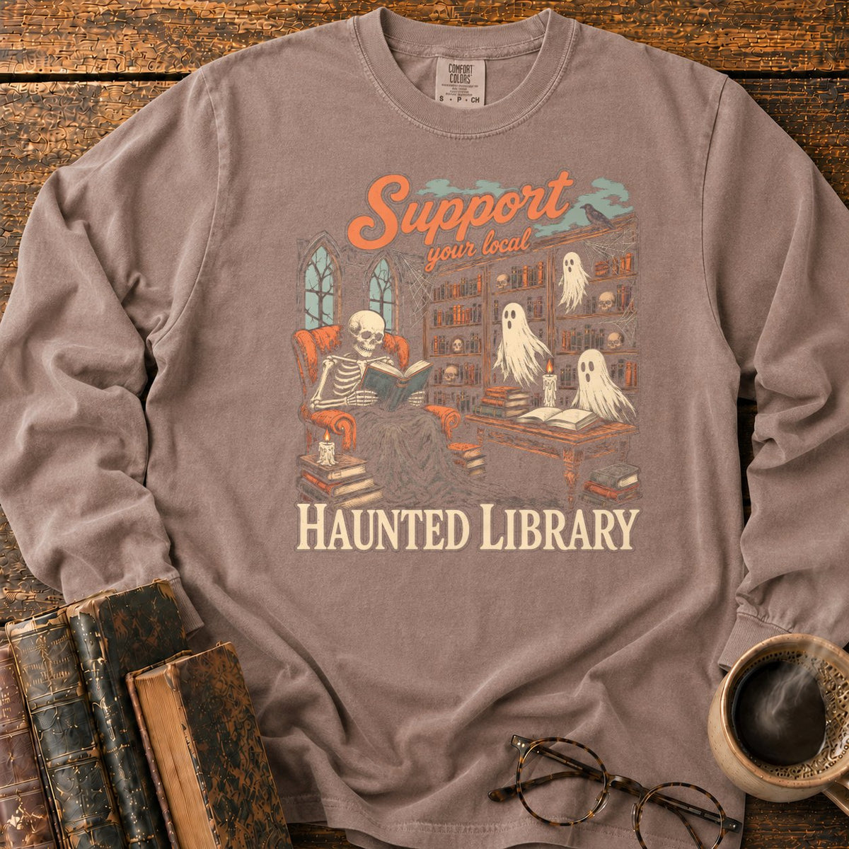 Support Your Local Haunted Library LS T-Shirt in Espresso – BooksThreads
