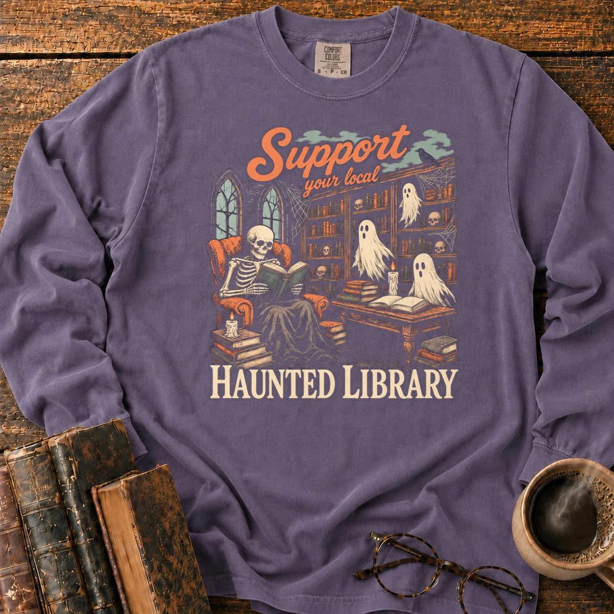 Support Your Local Haunted Library LS T-Shirt in Grape – BooksThreads