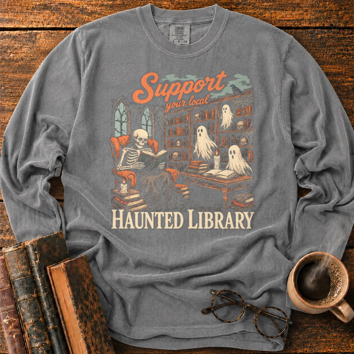 Support Your Local Haunted Library LS T-Shirt in Pepper – BooksThreads