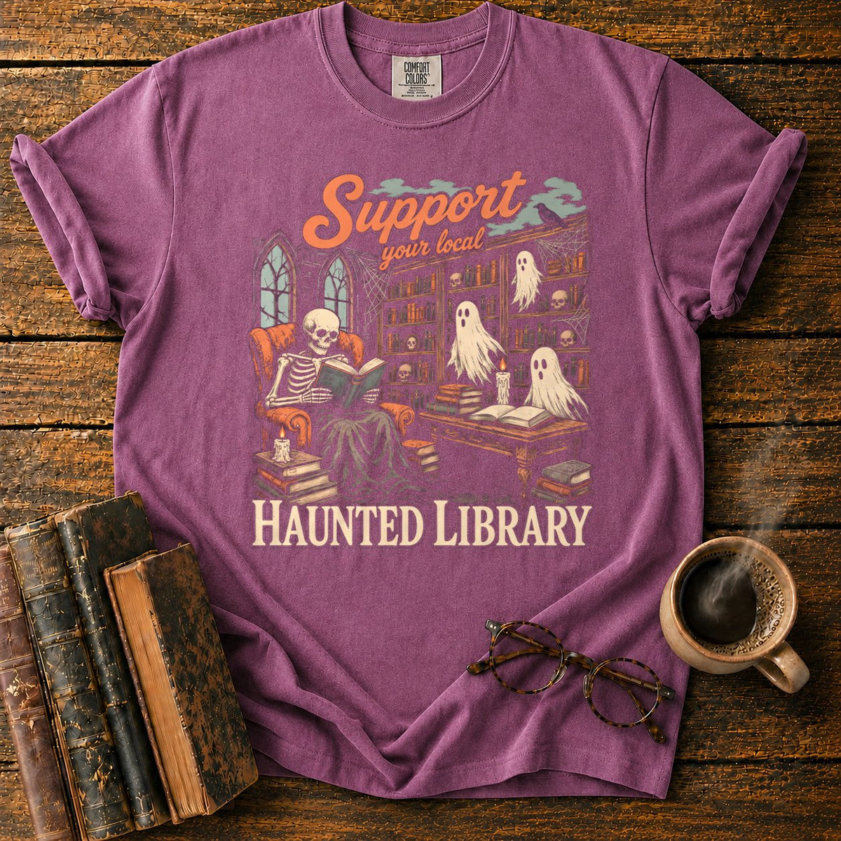 Support Your Local Haunted Library T-Shirt in Berry – BooksThreads