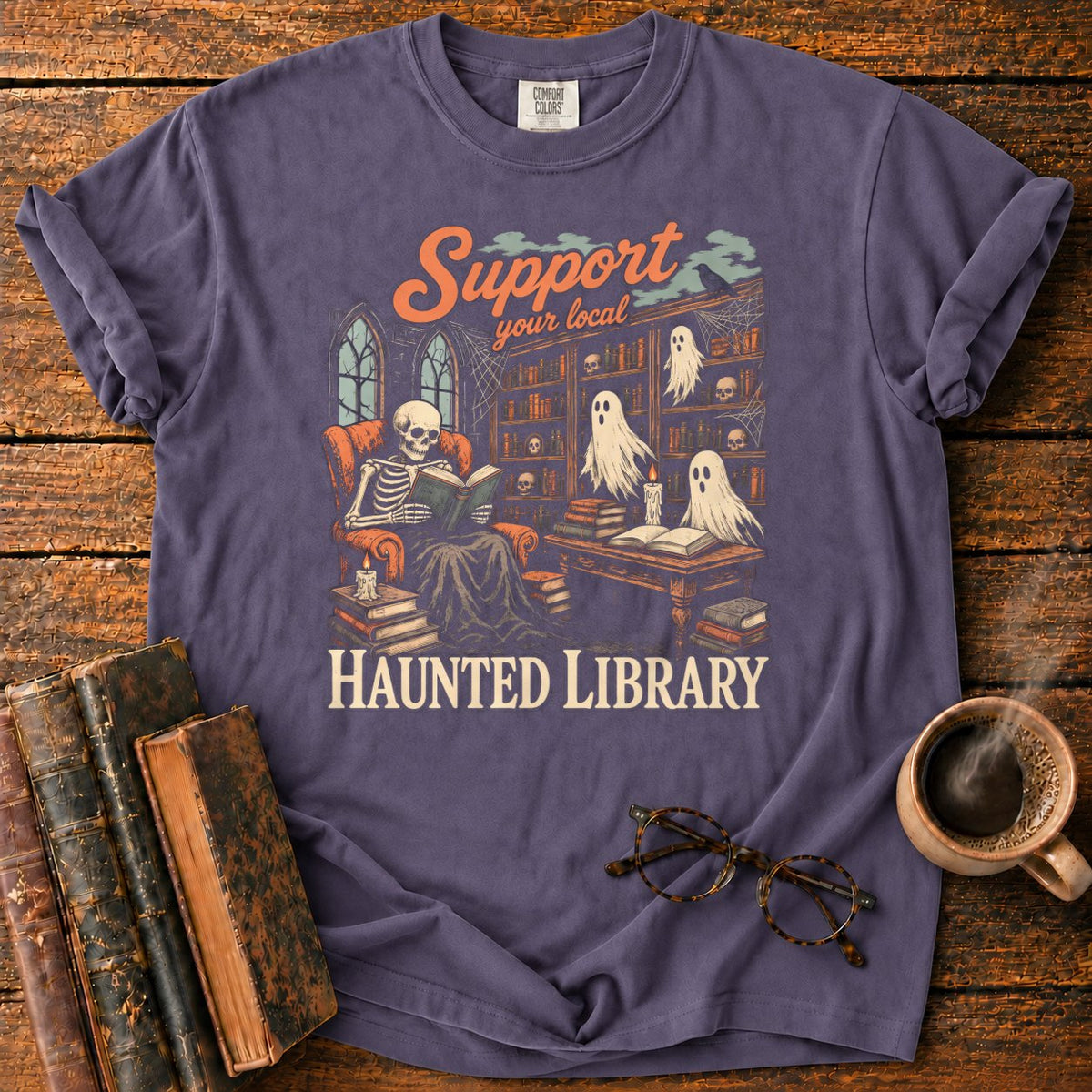 Support Your Local Haunted Library T-Shirt in Grape – BooksThreads