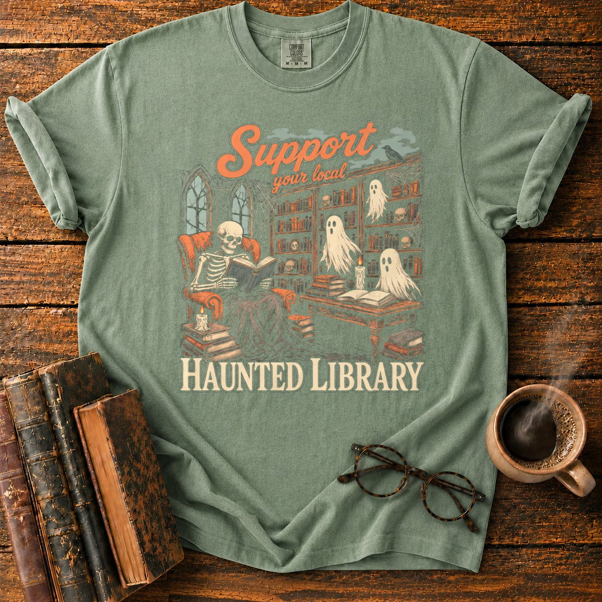 Support Your Local Haunted Library T-Shirt in Moss – BooksThreads