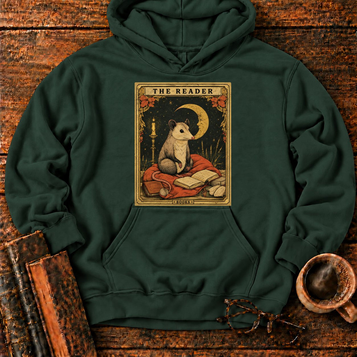 The Opossum Reader Tarot Hoodie in Forest Green – BooksThreads