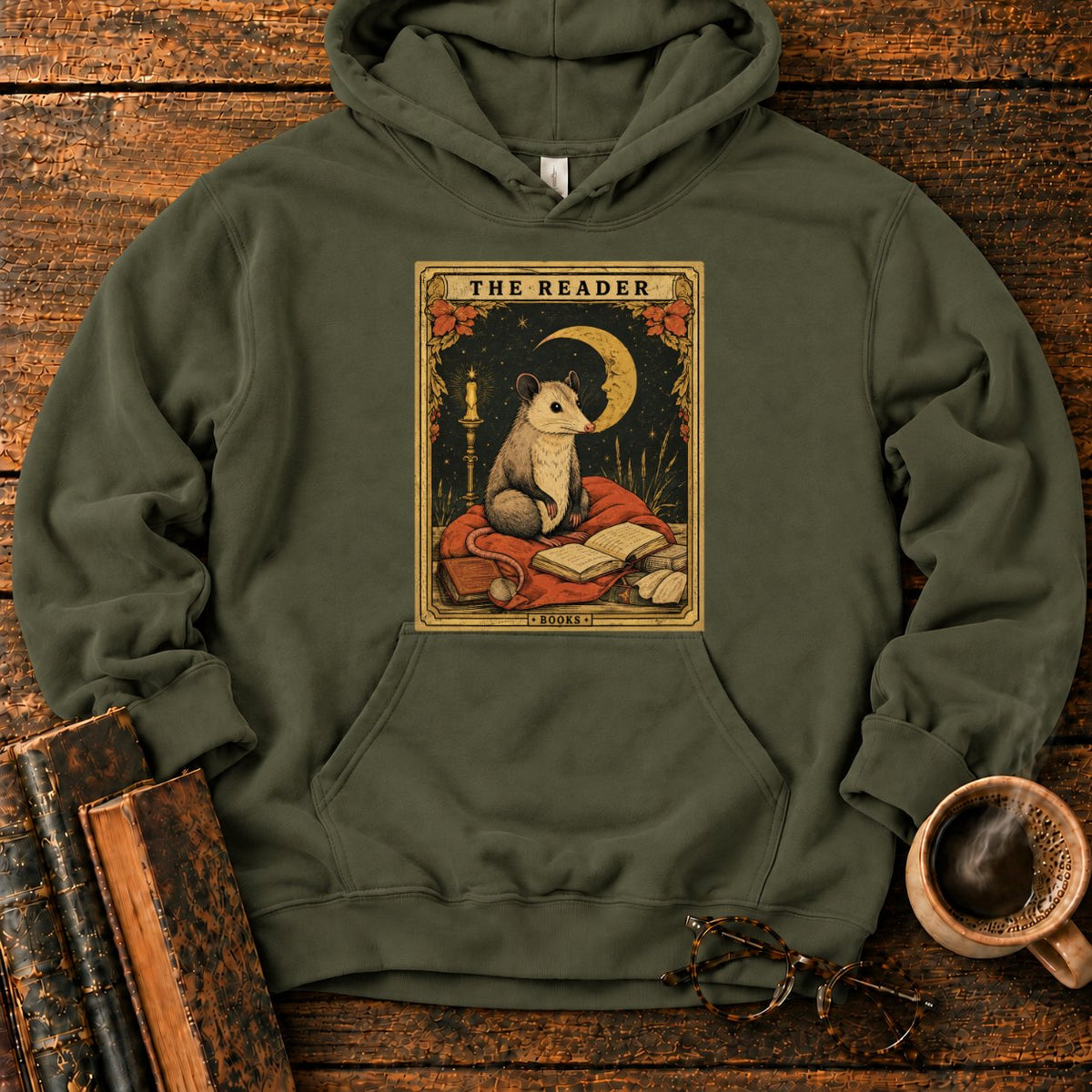 The Opossum Reader Tarot Hoodie in Military Green – BooksThreads