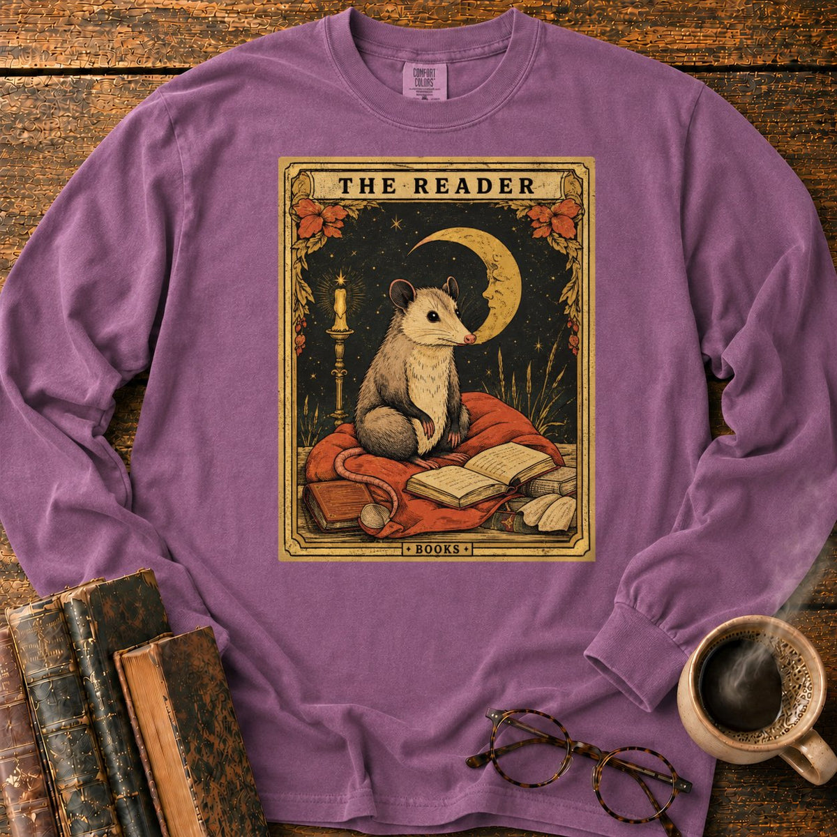 The Opossum Reader Tarot LS T-Shirt in Berry – BooksThreads