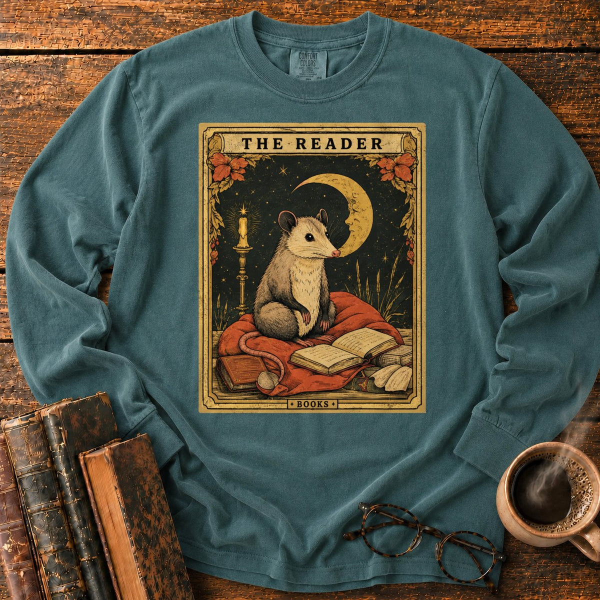 The Opossum Reader Tarot LS T-Shirt in Blue Spruce – BooksThreads