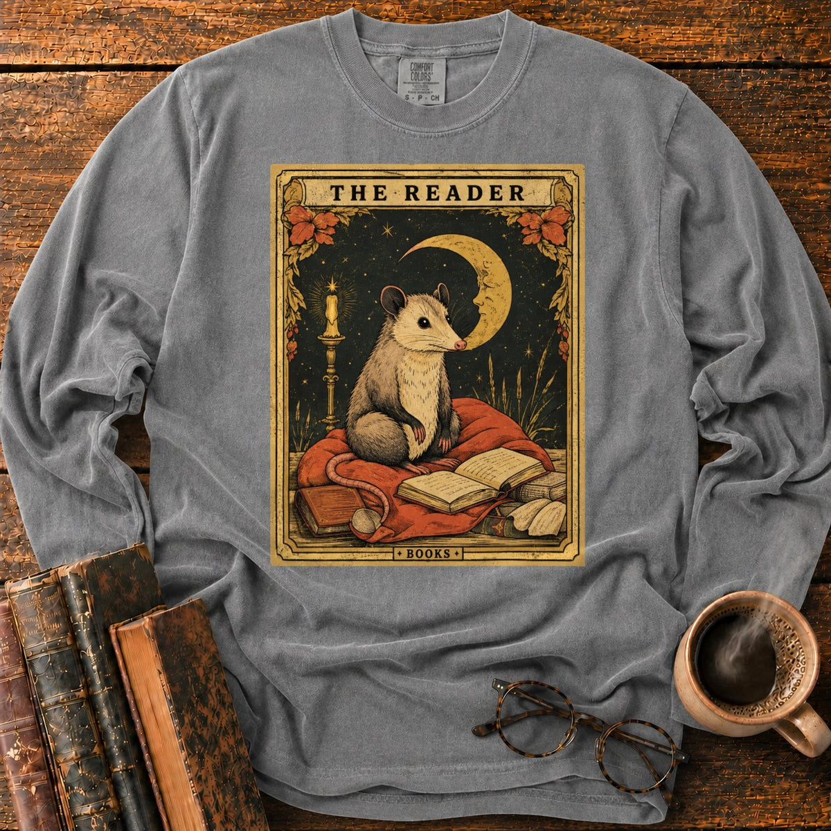 The Opossum Reader Tarot LS T-Shirt in Pepper – BooksThreads