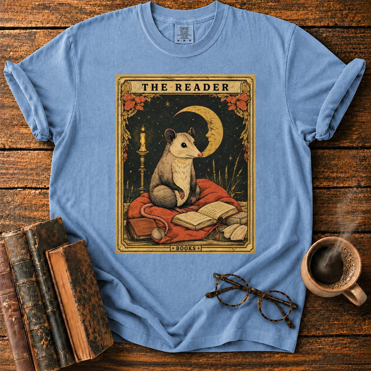 The Opossum Reader Tarot T-Shirt in Blue Jean – BooksThreads