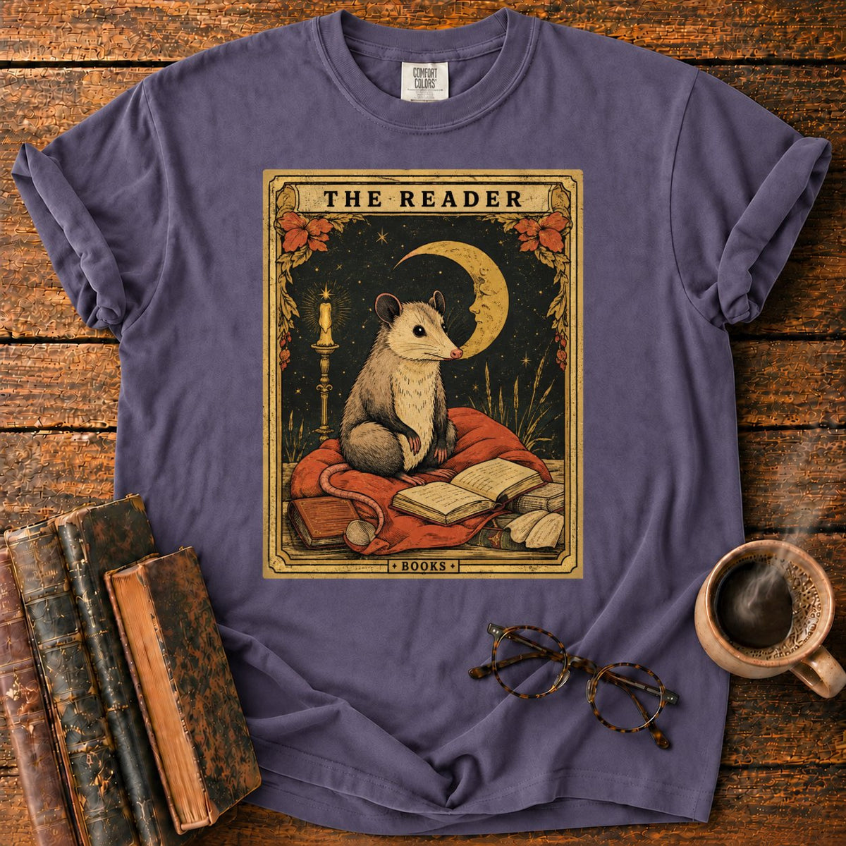 The Opossum Reader Tarot T-Shirt in Grape – BooksThreads
