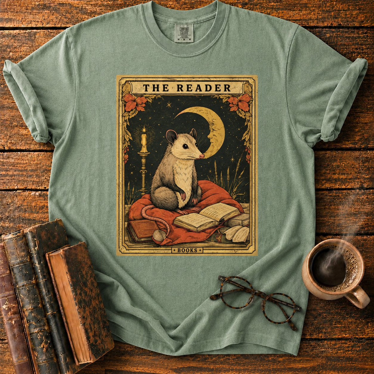 The Opossum Reader Tarot T-Shirt in Moss – BooksThreads