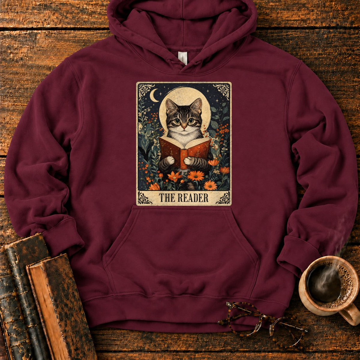 The Reader Vintage Tarot Cat Hoodie in Maroon – BooksThreads