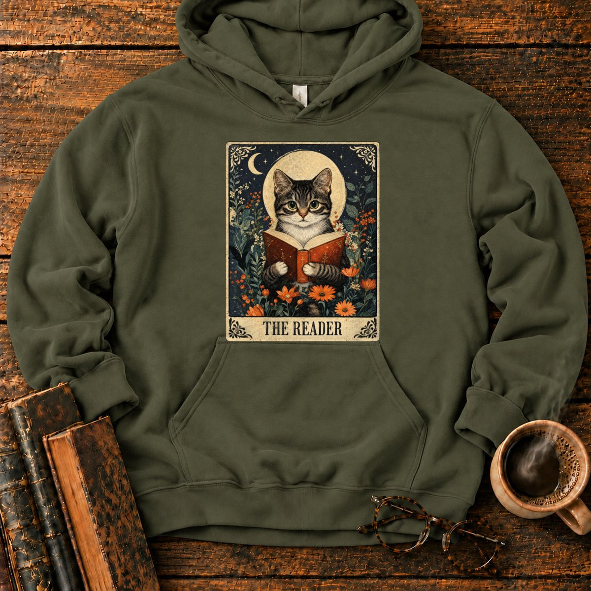 The Reader Vintage Tarot Cat Hoodie in Military Green – BooksThreads