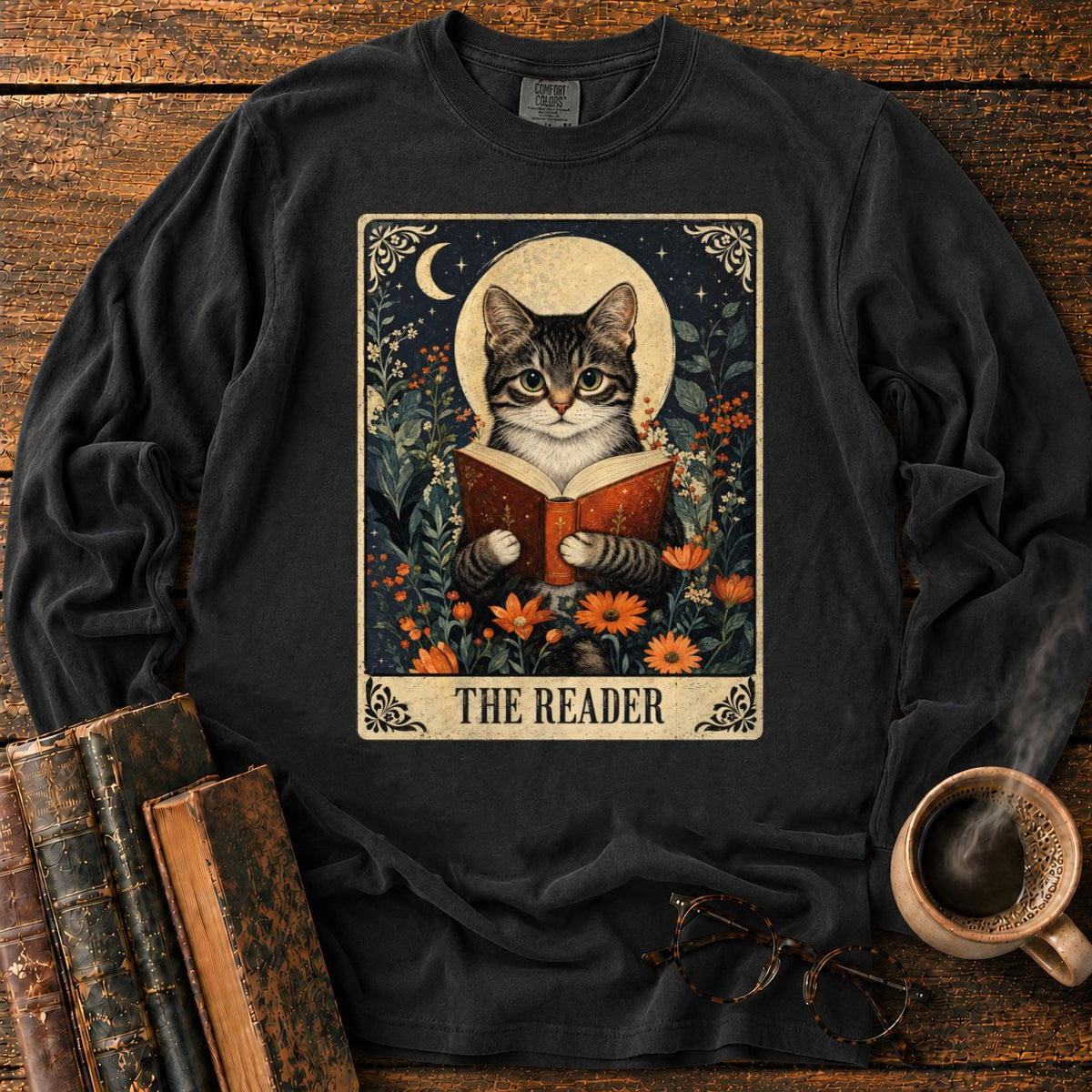The Reader Vintage Tarot Cat LS T-Shirt in Black – BooksThreads