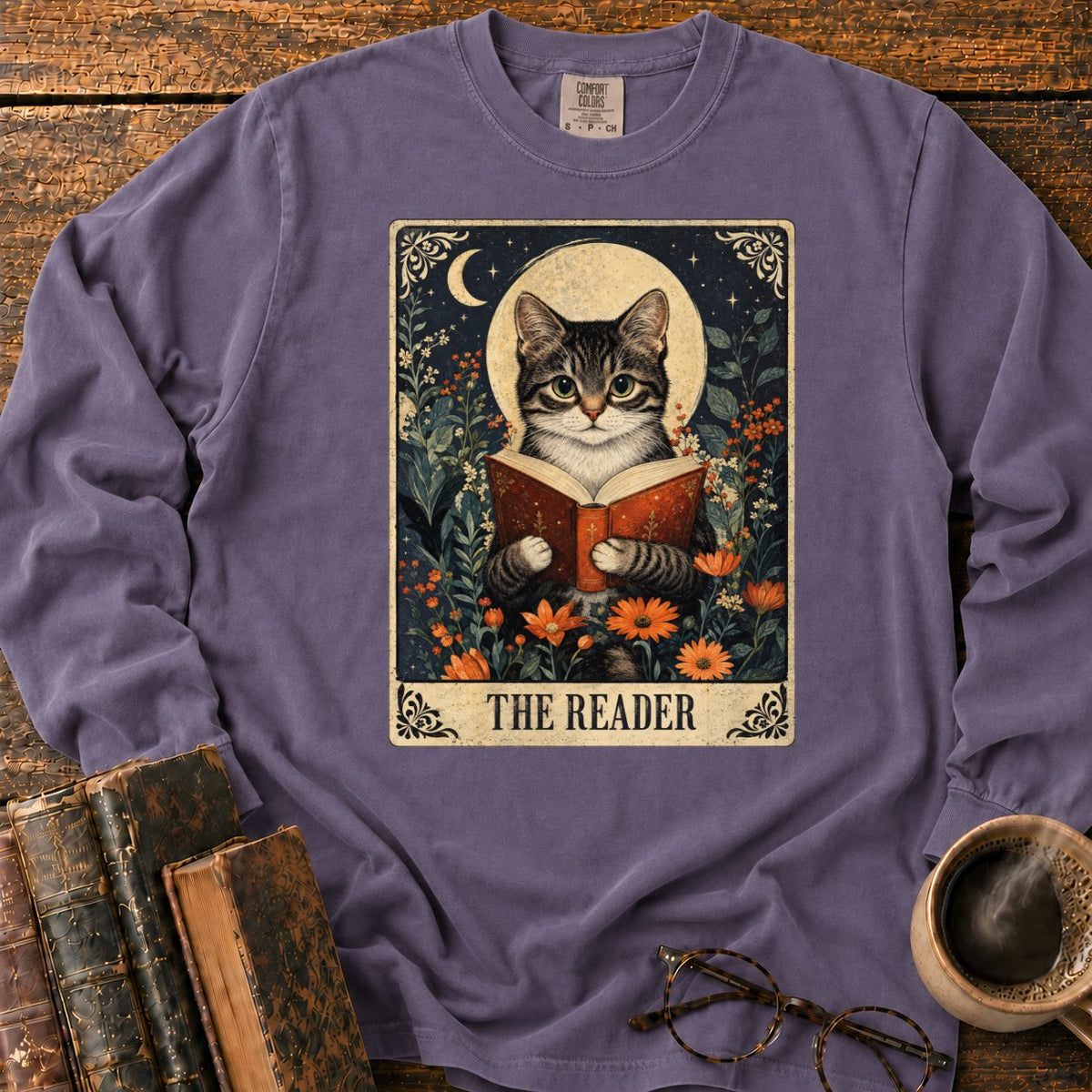 The Reader Vintage Tarot Cat LS T-Shirt in Grape – BooksThreads