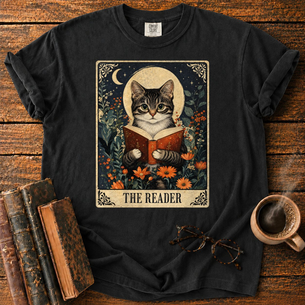 The Reader Vintage Tarot Cat T-Shirt in Black – BooksThreads