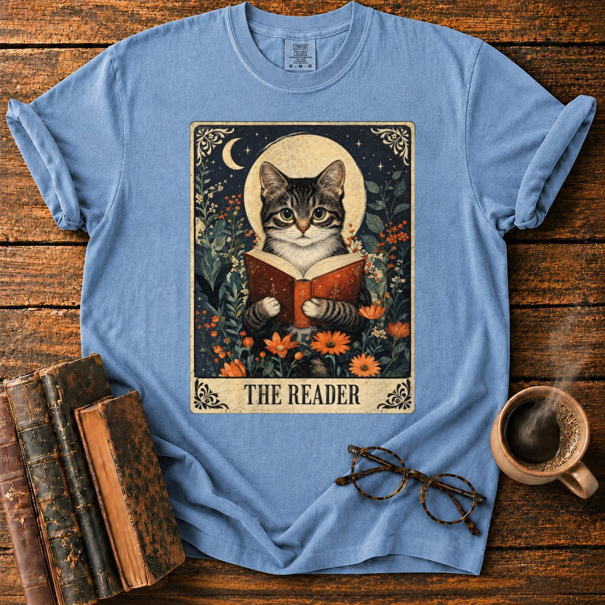 The Reader Vintage Tarot Cat T-Shirt in Blue Jean – BooksThreads