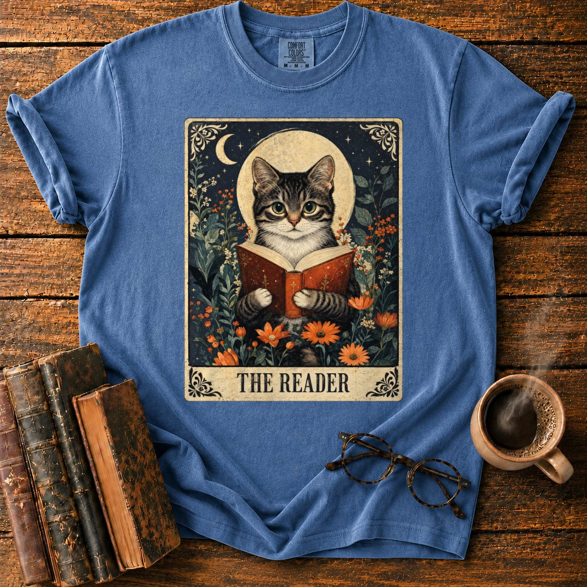 The Reader Vintage Tarot Cat T-Shirt in Denim – BooksThreads