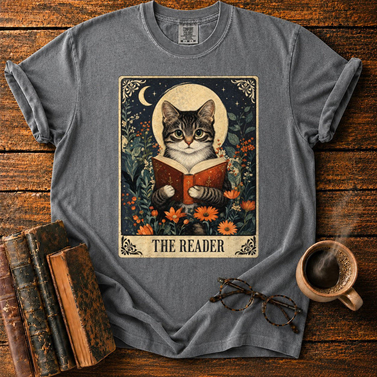 The Reader Vintage Tarot Cat T-Shirt in Pepper – BooksThreads