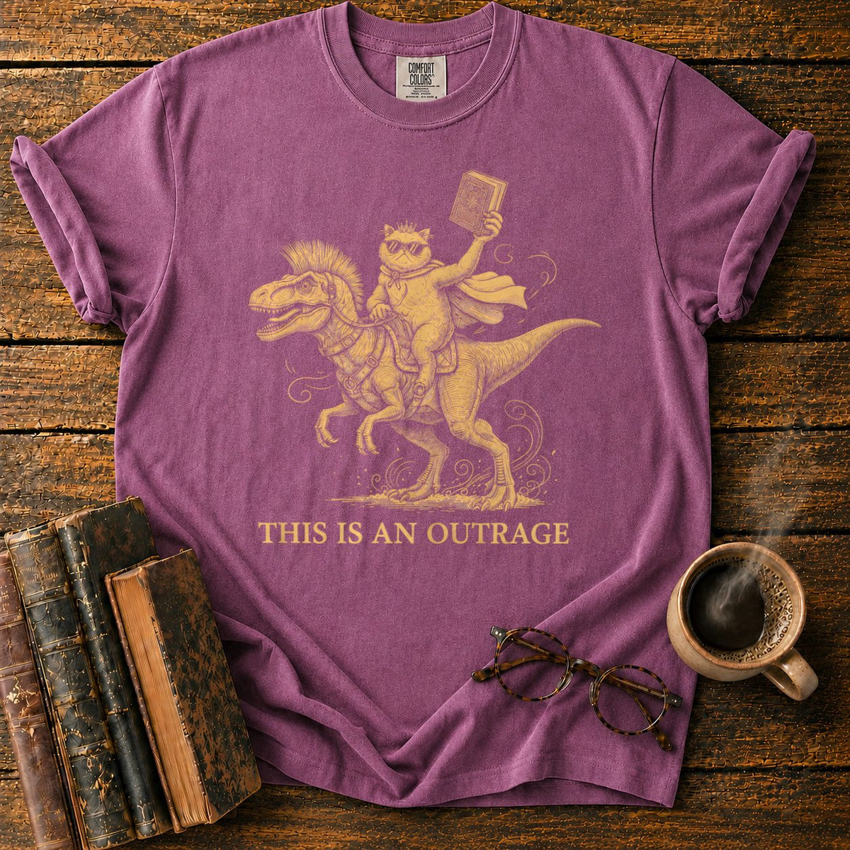 This Is An Outrage Cat Dino T-Shirt in Berry – BooksThreads