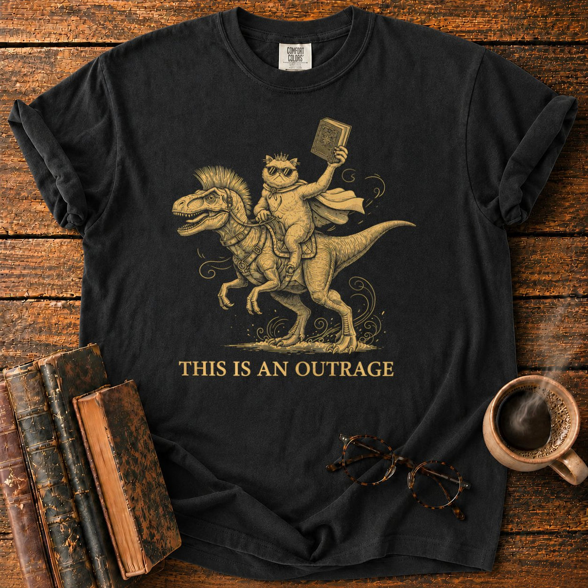 This Is An Outrage Cat Dino T-Shirt in Black – BooksThreads