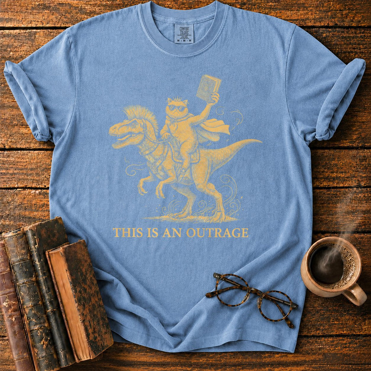 This Is An Outrage Cat Dino T-Shirt in Blue Jean – BooksThreads