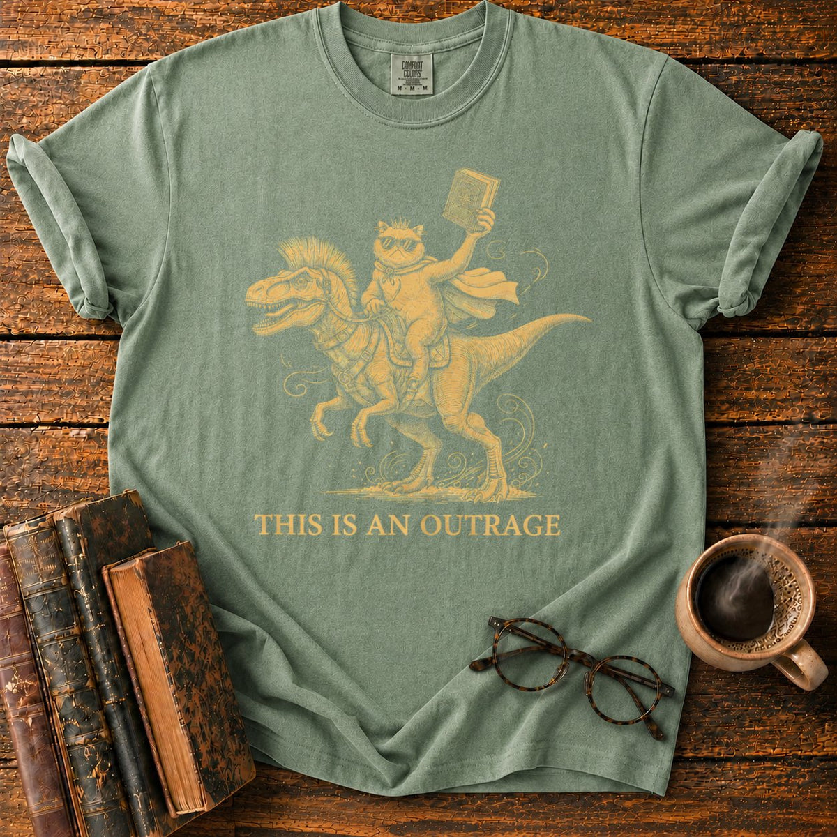 This Is An Outrage Cat Dino T-Shirt in Moss – BooksThreads