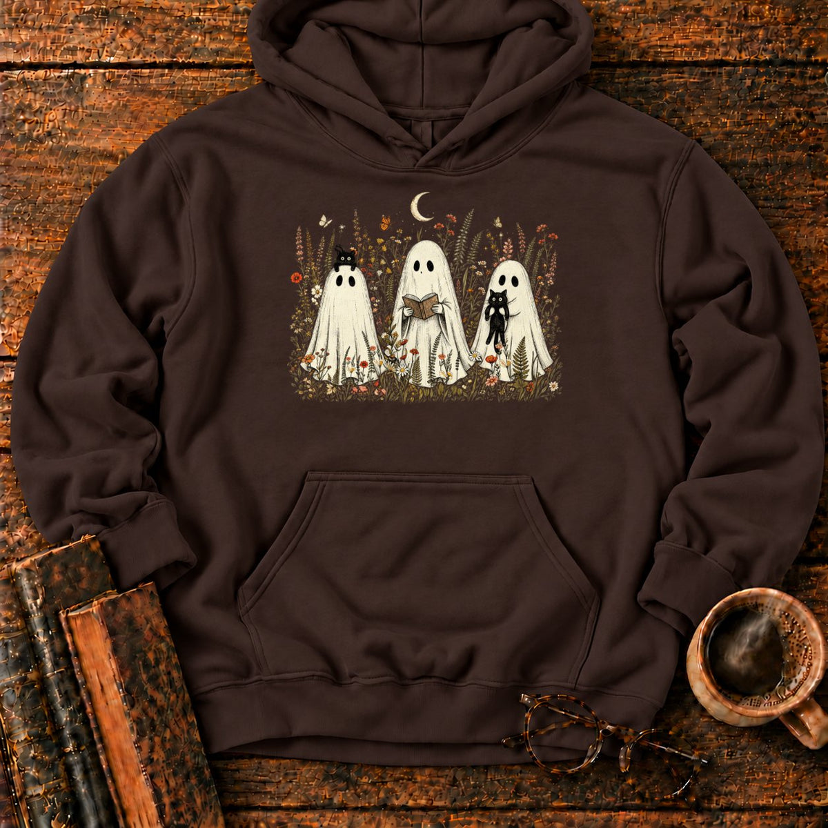 Three Ghosts In A Moonlit Meadow Hoodie in Dark Chocolate – BooksThreads