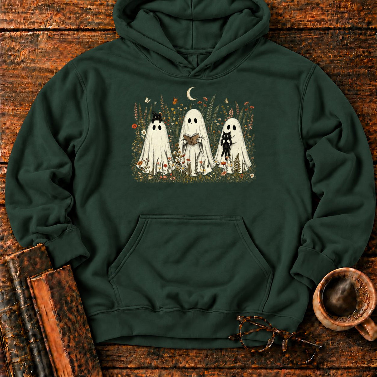 Three Ghosts In A Moonlit Meadow Hoodie in Forest Green – BooksThreads